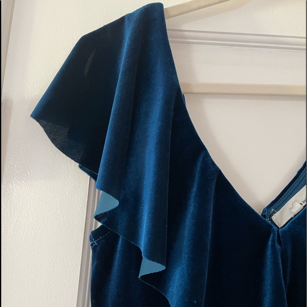 june & hudson Teal Velvet Midi Dress with Ruffle V-Neck - Picture 14 of 16